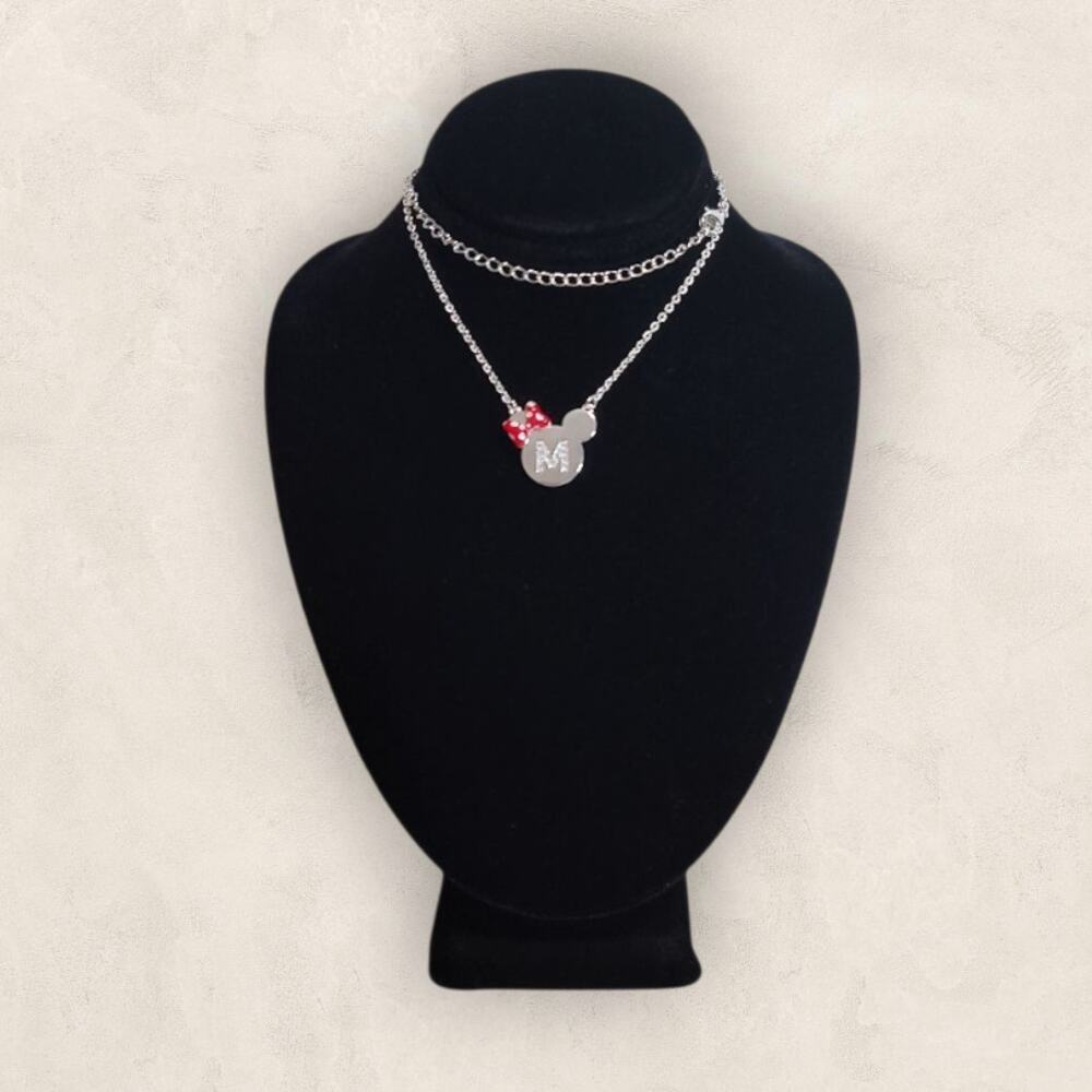 Disney Silver-Tone Clear Rhinestone Letter M Necklace Minnie Mouse Bow Pendent